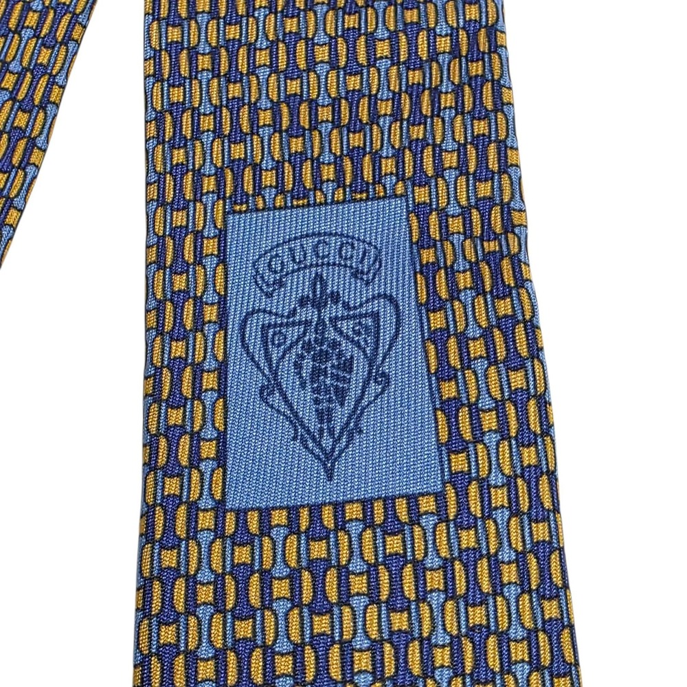 GUCCI Silk Tie Blue Yellow Geometric Pattern Made in Italy Men's Luxury Designer - Picture 6 of 13